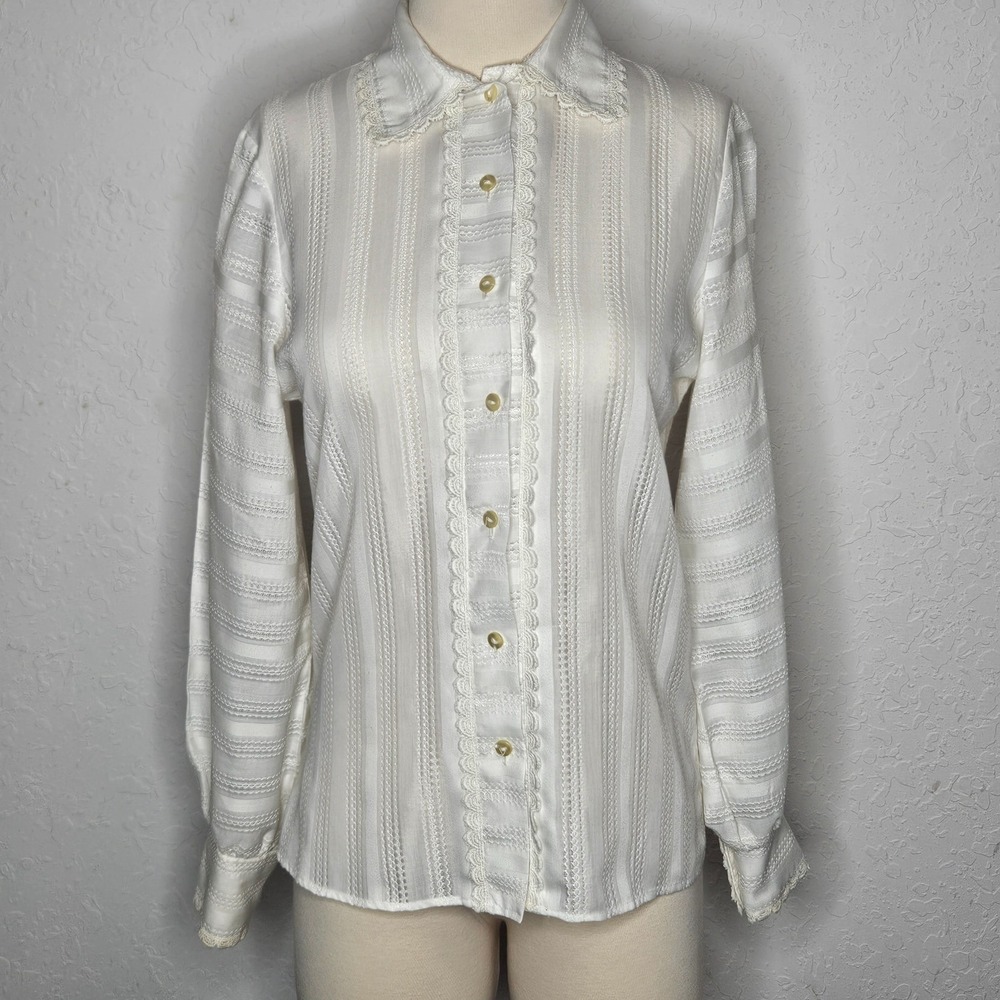 Vintage Dutchmaid White Lace Pintuck Blouse Long Sleeve Cottagecore Prairie Top